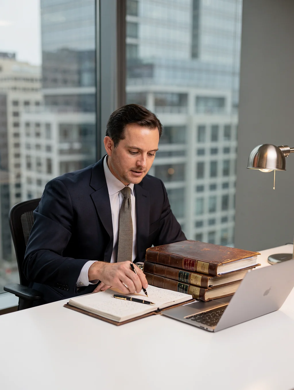 Advocate reviewing disability claim documents in a warm, sunlit office