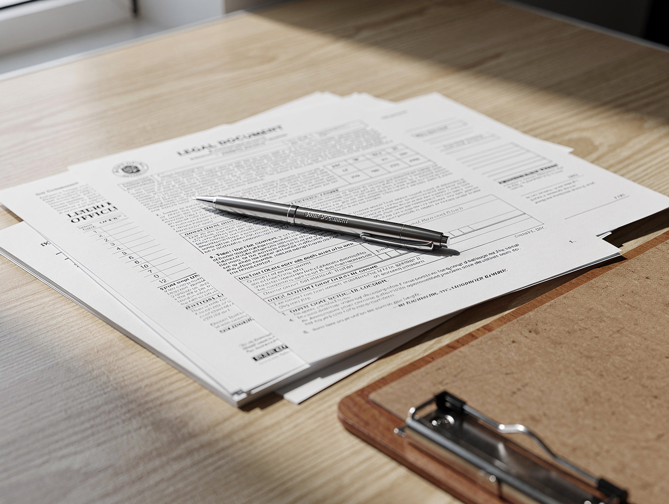 Legal documents organized on a wooden desk