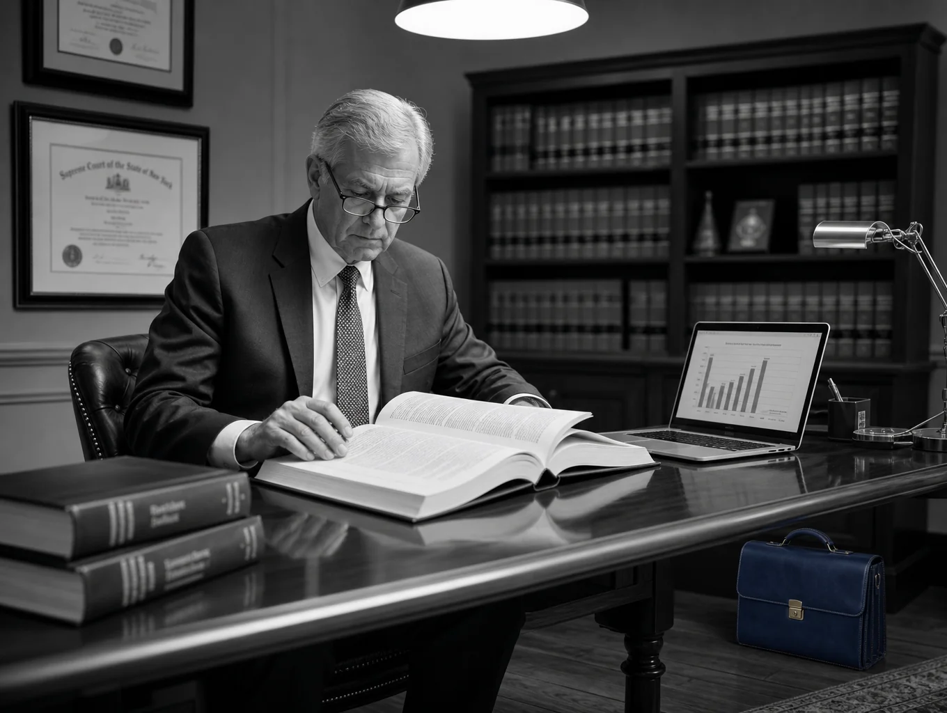 Professional reviewing case files in warm light